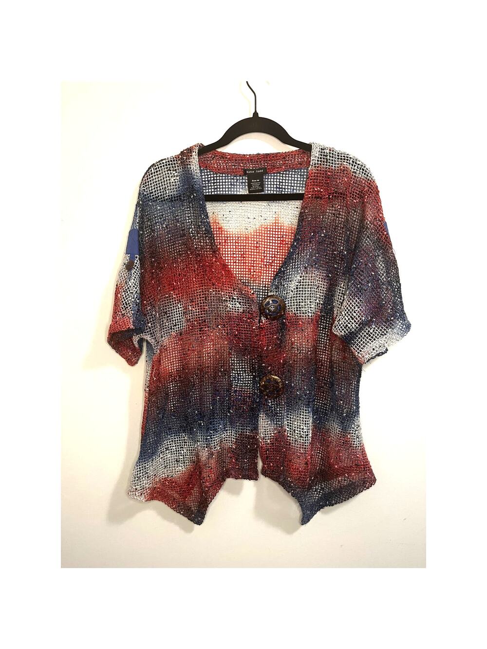 Katie Todd Women's Knit Cardigan Red White Blue Button Front Artsy Lagenlook M